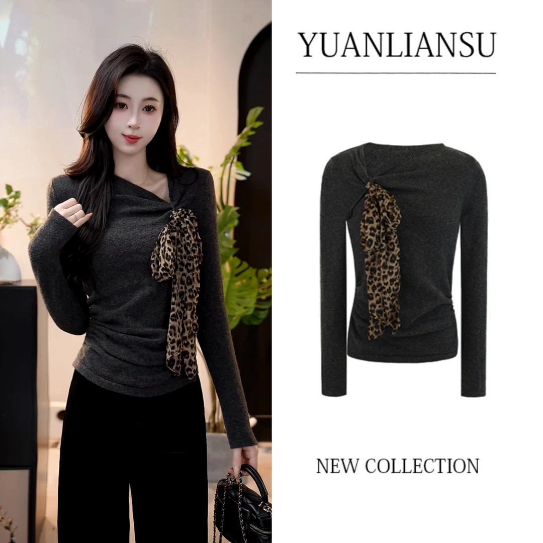 【青苍】秋冬新款纯欲斜肩豹纹丝巾针织衫女