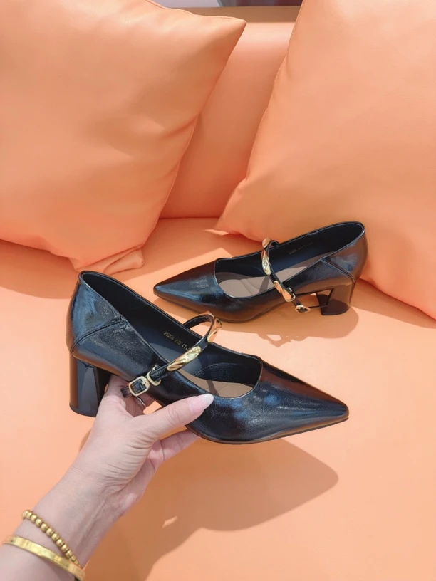 法式小金条6.5厘米粗跟轻职风尖头玛丽珍气质时尚百搭真皮秋季