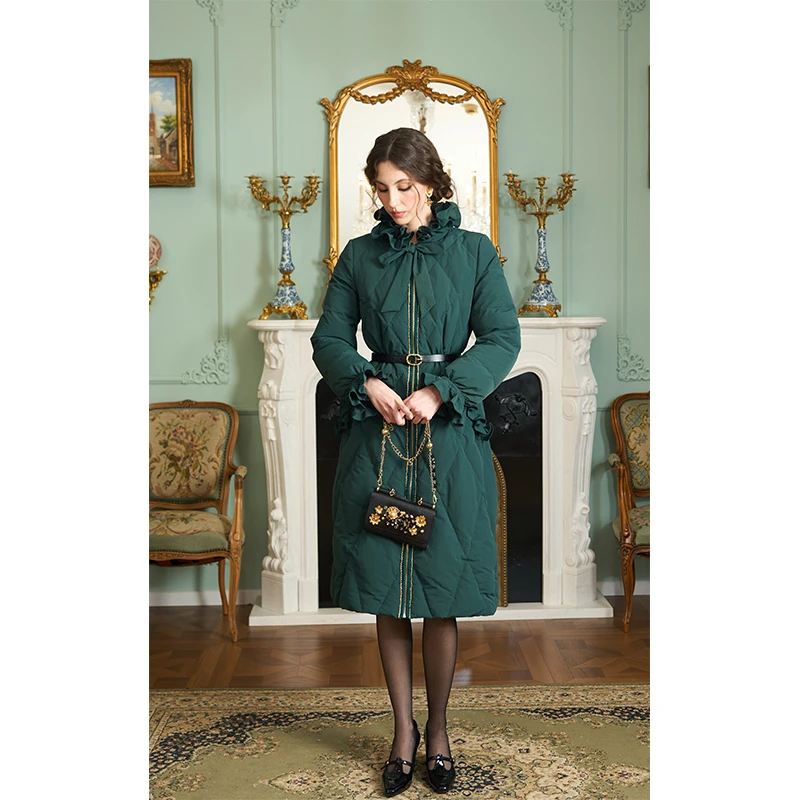 MR WATER水滴君 冬季绿色收腰菱形格子中长款羽绒服女