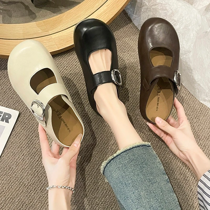 百搭夏季复古法式厚底英伦风平底春夏包头日系浅口圆头