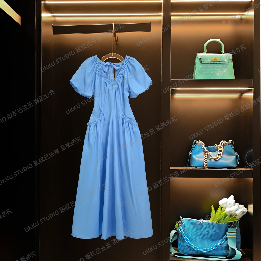 清白白【UKKU STUDIO】蓝色连衣裙轻奢休闲气质女士设计裙312418
