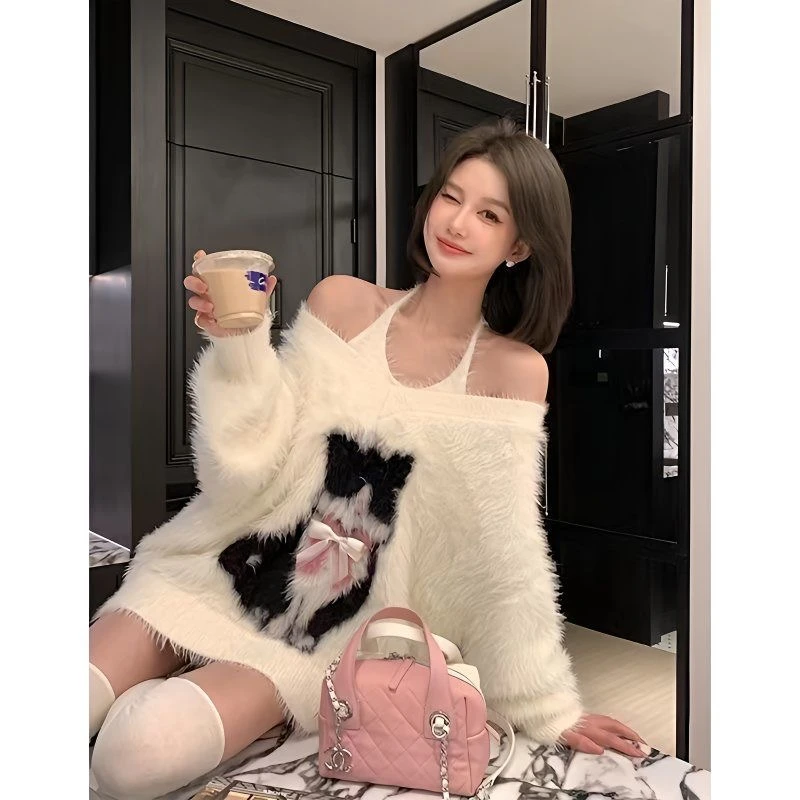 毛针织衫宽松笑脸气质长袖猫设计感针织衫秋冬猫咪