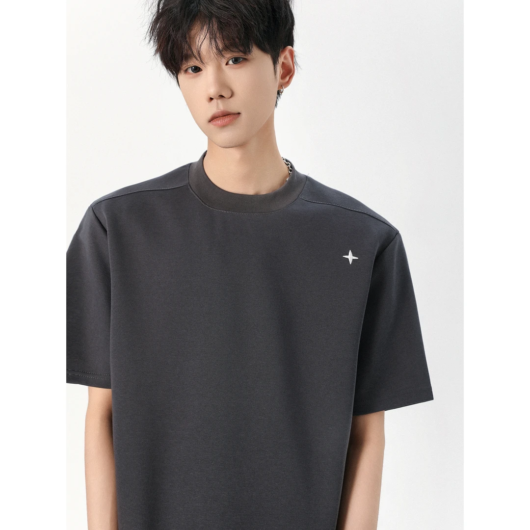 美式星标刺绣极简轻薄短袖百搭基础休闲T恤空气层拼接上衣潮流