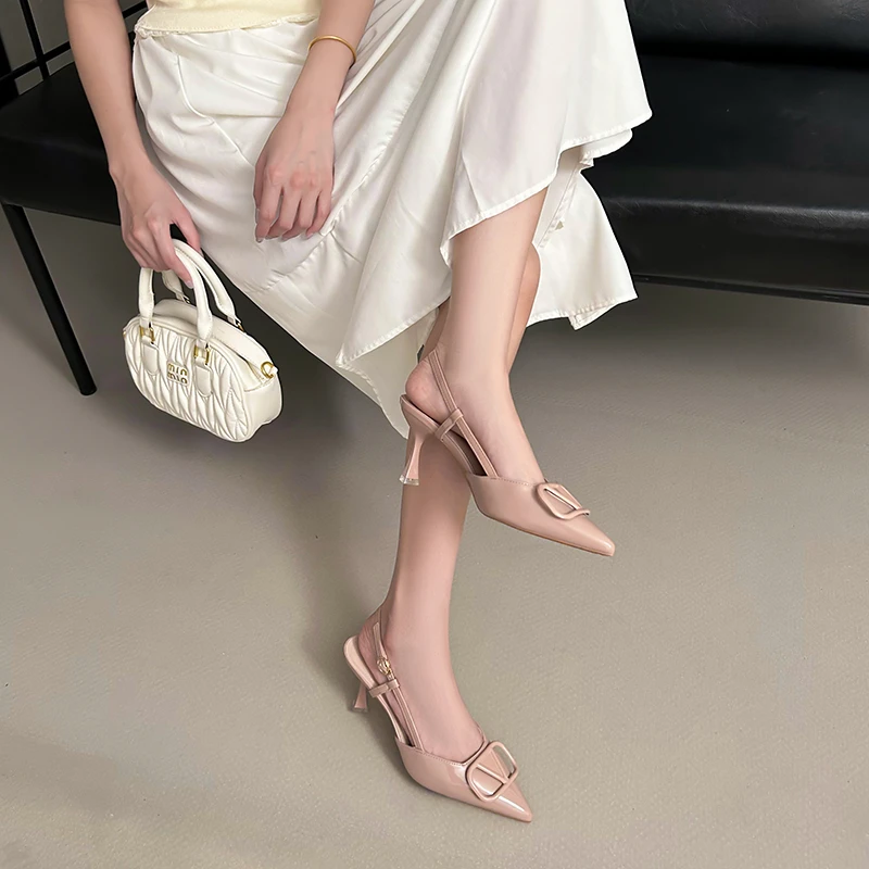 里外全真皮-裸粉色高跟鞋2025新款夏法式细跟尖头一字包头凉鞋女