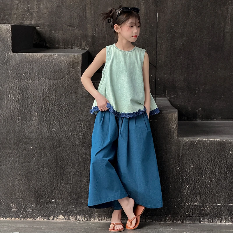 韩版儿童亲子夏季夏款童装女童牛仔花边背心阔腿裤新款SEEUKID韩