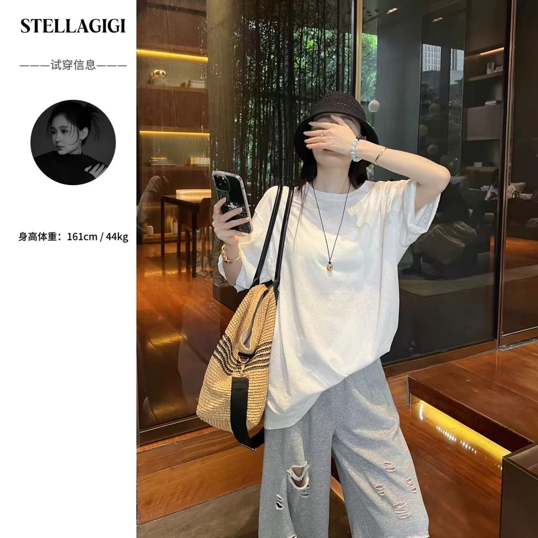 SG / 郭幂幂 SS 简约净版 雪花棉纯色袖口蕾丝拼接短袖T-20250328