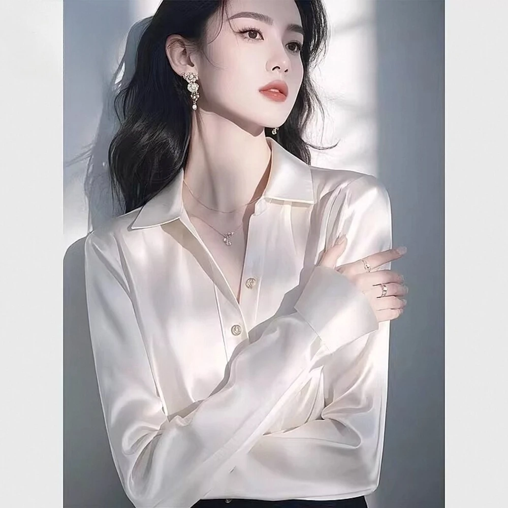 超好看白色长袖缎面衬衫女2025早春爆款洋气高端法式收腰职业衬衣