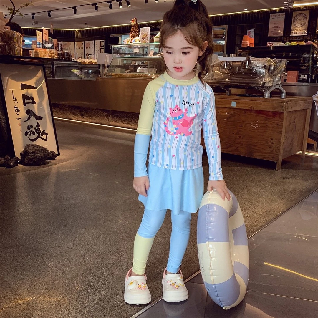 女童泳衣长袖长裤新款多巴胺女孩防晒速干游泳衣裙式分体少女泳衣