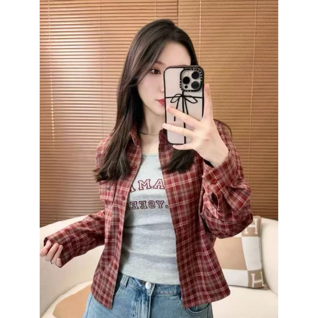 格子衬衫套装女秋季新款设计感宽松百搭长袖衬衣+背心上衣两件套