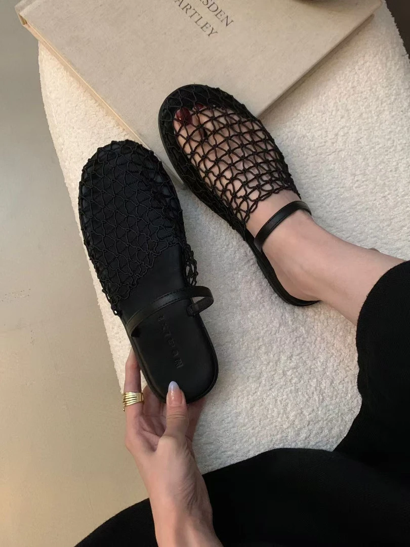 【例畔精选】小众编织镂空网纱包头凉拖女夏季时尚平底透气凉鞋133#