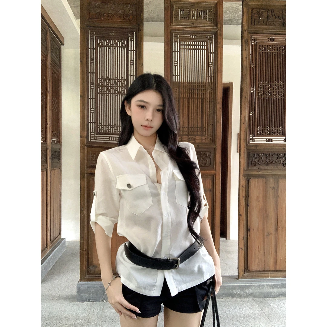 气质高级感小众春夏韩版半袖修身显瘦短款口袋松弛纯欲慵懒风女装