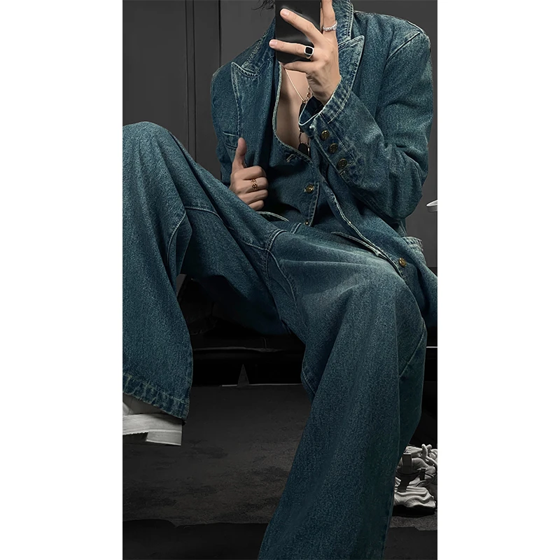 秋季新款潮流复古牛仔修身马甲宽松阔腿裤百搭西服套装