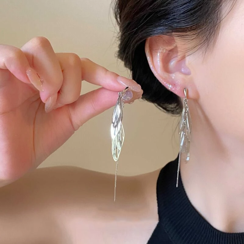 「蝉意」新中式长款流苏翅膀气质简约小众设计感蚊香盘耳夹百搭耳饰