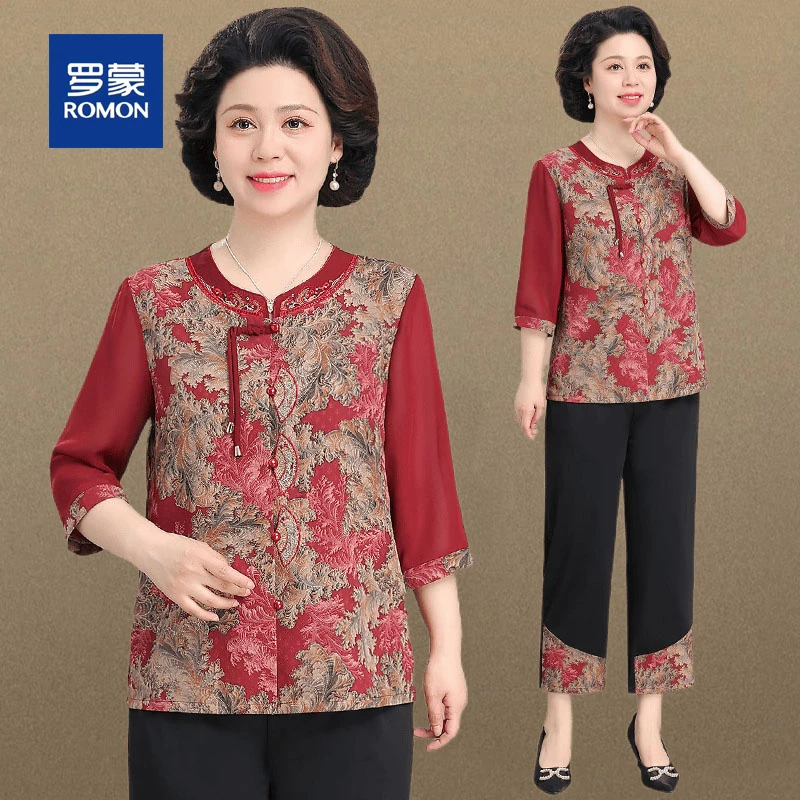罗蒙奶奶夏装中老年人国风气质绣花小衫套装新款妈妈装中式衬衫女