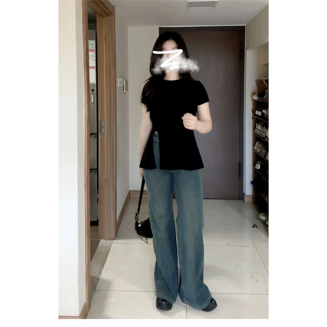 美式辣妹风别致绑带黑色正肩短袖t恤女夏季辣妹性感修身绝美上衣