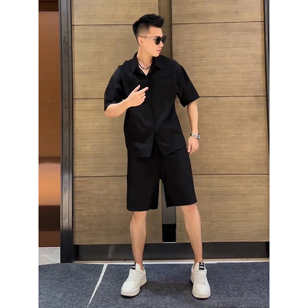 黑色醋酸冰丝短袖衬衫男士酷帅穿搭一整套装夏季高级感短裤两件套