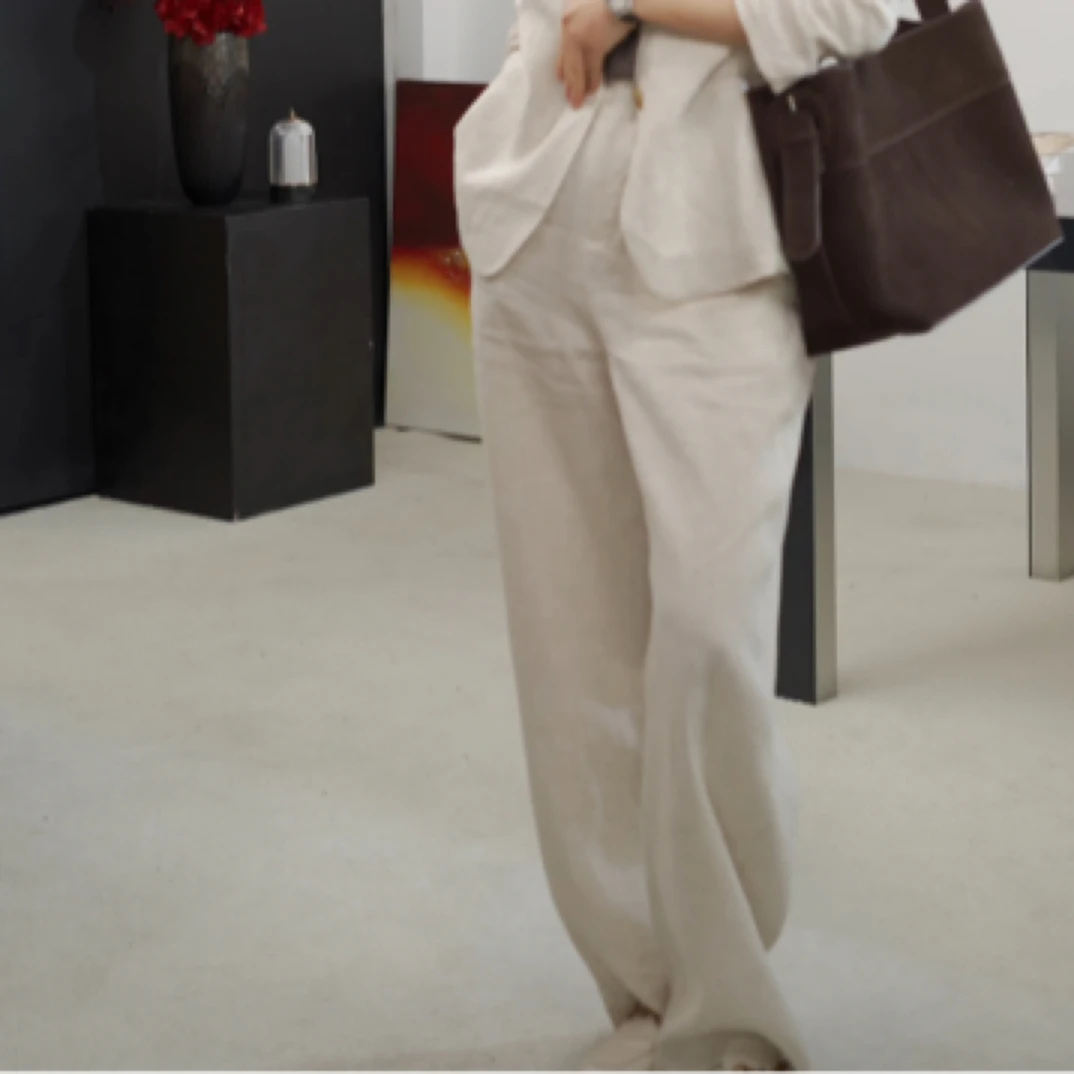 （100%亚麻）春秋季夏季白色亚麻裤子宽松直筒舒适百搭女士阔腿裤