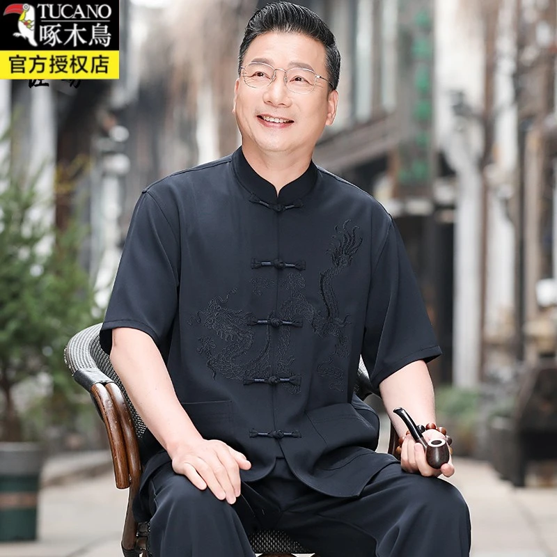 啄木鸟唐装男中老年人中式国风夏季冰丝衣服爷爷短袖爸爸夏装套装