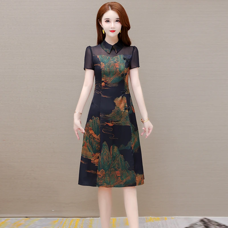 连衣裙裙子显瘦气质夏季复古洋气时尚大码妈妈装中长款修身中国风