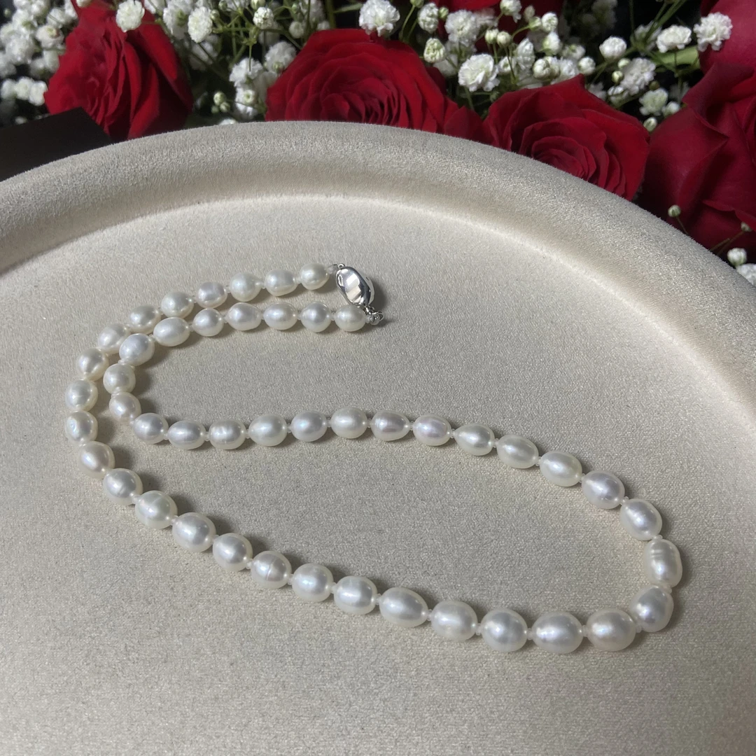 066白色元宝扣珍珠项链妈妈链 米珠6-7mm 强光天然生长纹可刮粉