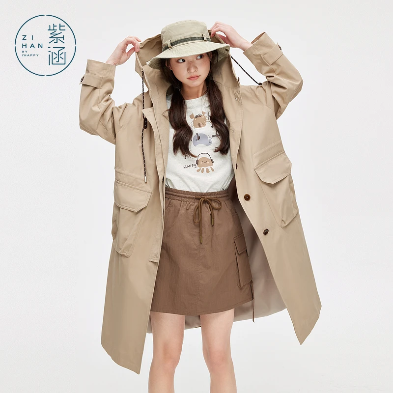 紫涵休闲连帽风衣女中长款2025春新款撞色纽扣简约外套Z5Z01AN049