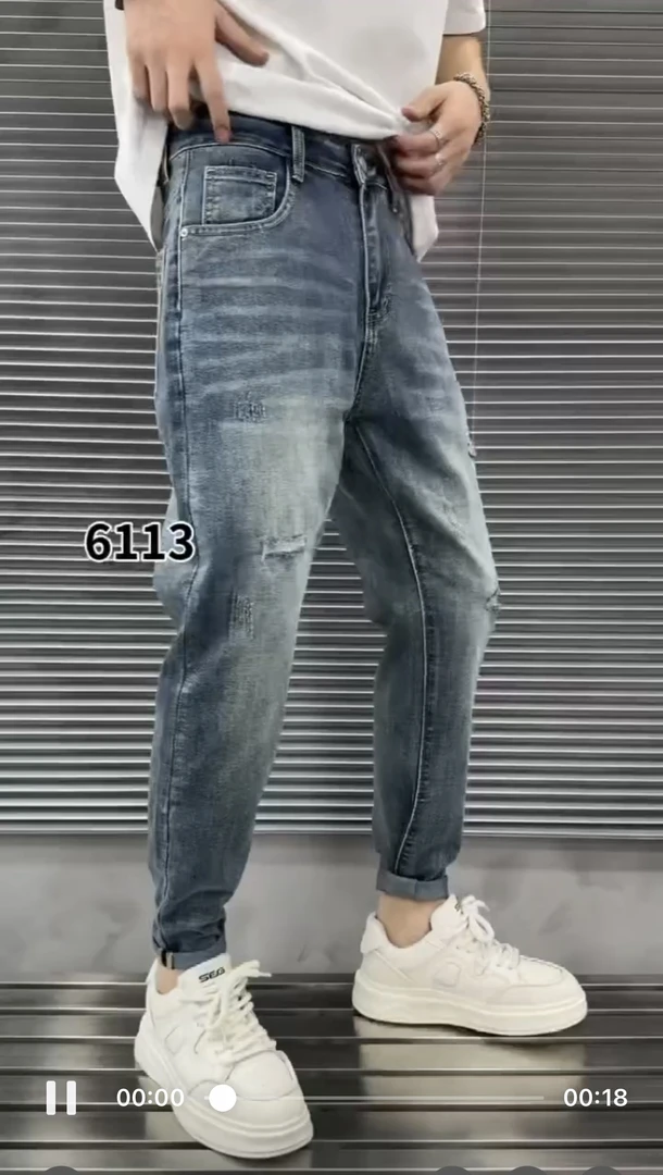 裤子秋季休闲修身男时尚水洗喇叭裤九分复古简约牛仔裤破洞