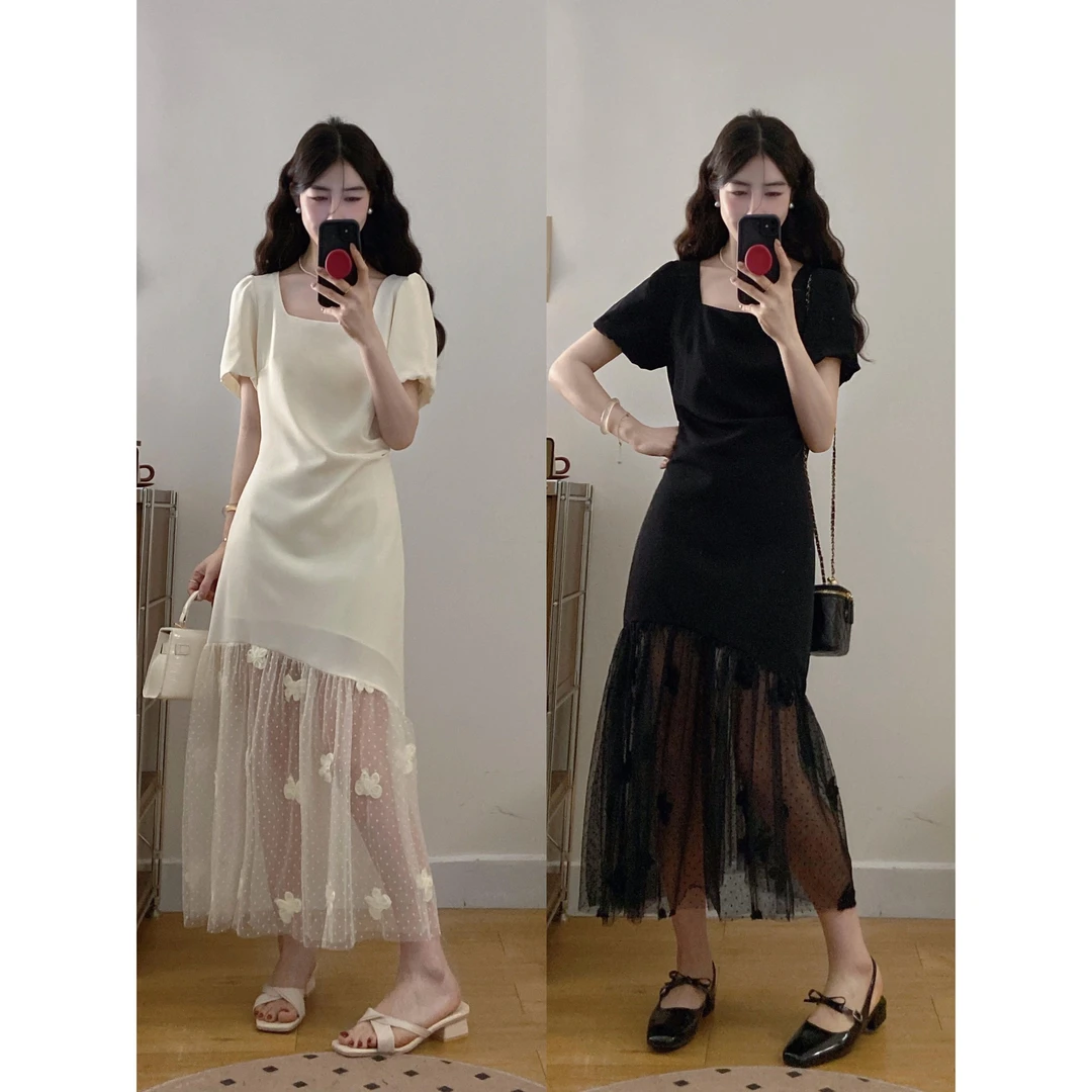 大码拼接立体蝴蝶网纱鱼尾连衣裙女气质高腰显瘦法式方领长裙