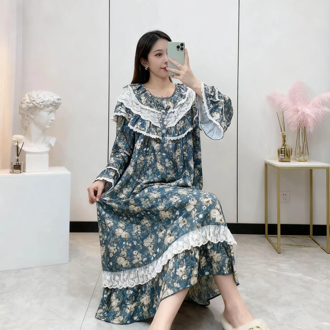 大码新款ins风蕾丝领边碎花田园风女大码睡衣套装家居服正码正拍