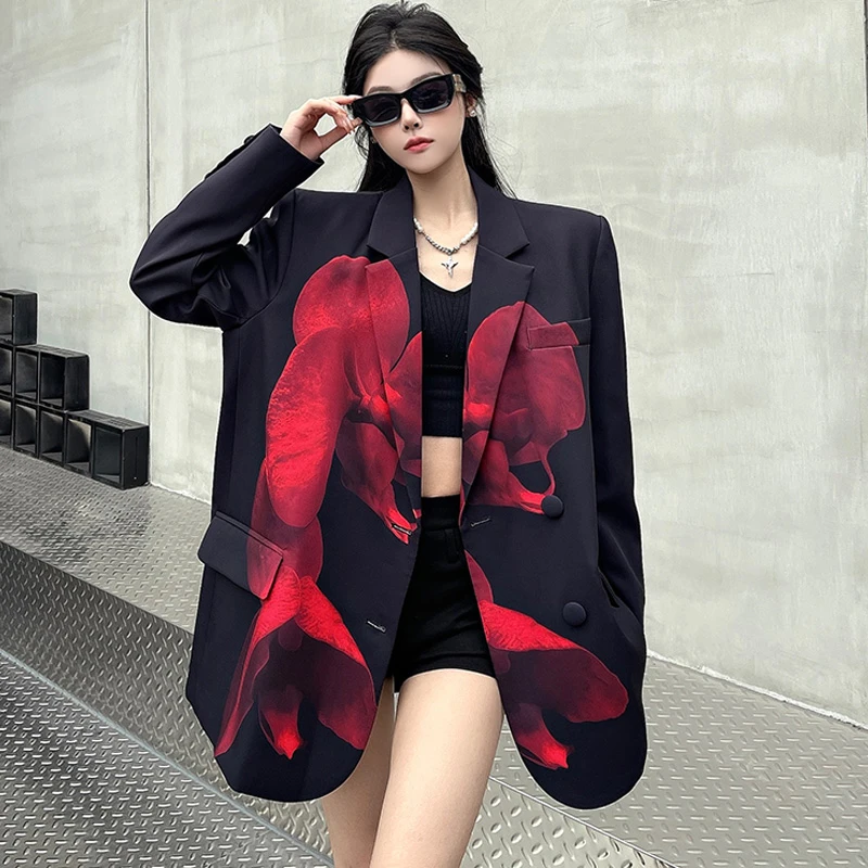 西装外套印花韩系时尚宽松慵懒风女撞色西服高级感独特漂亮超好看