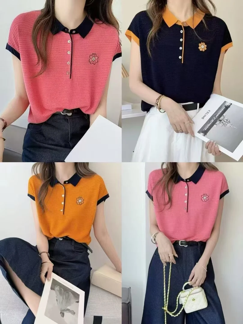 2025新款夏百搭显瘦刺绣女装短袖翻领拼色半开扣女针织衫548102