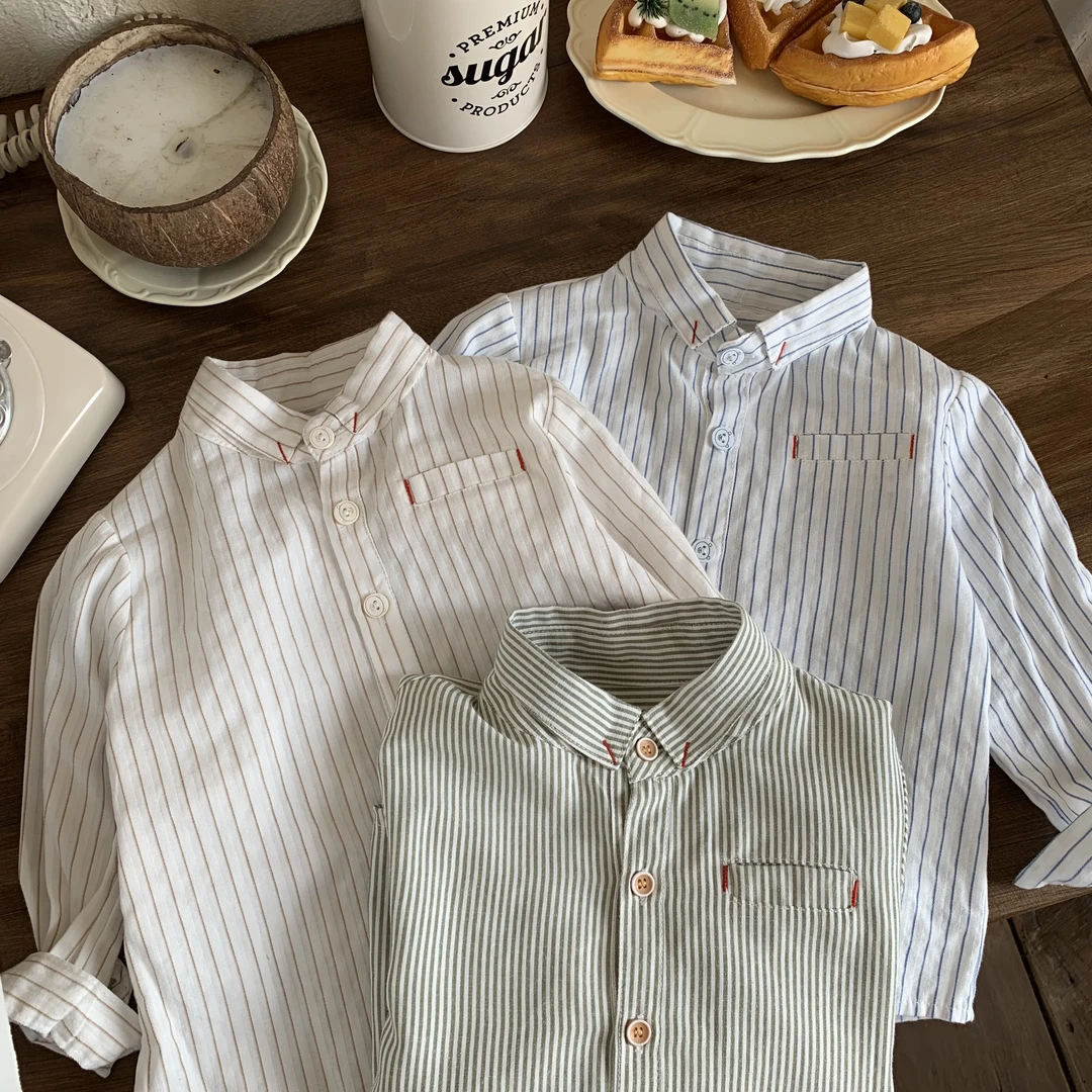 【棉烊条纹衬衫】中小童简约春秋季百搭韩系儿童上衣立领衬衣