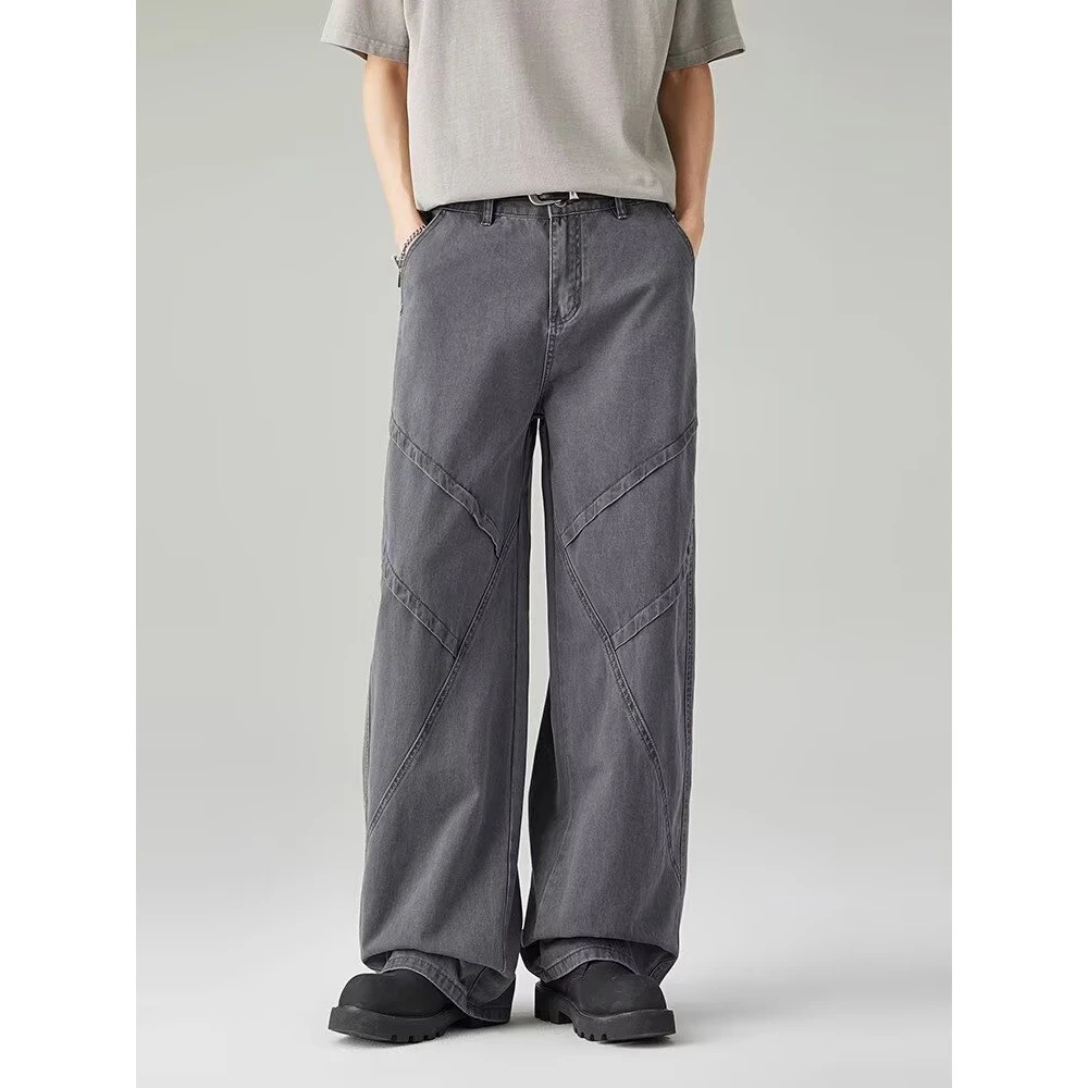 美式复古2025宽松阔腿牛仔裤男女做旧水洗直筒弯刀牛仔裤潮流