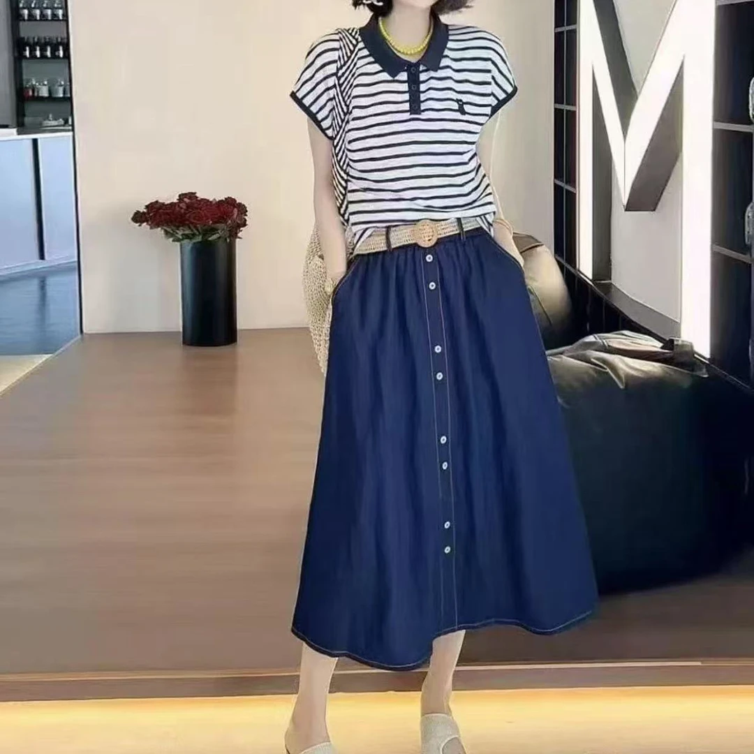 早秋胖咖秀新款POLO领飞飞袖条纹T恤搭配A字半身裙英伦风套装