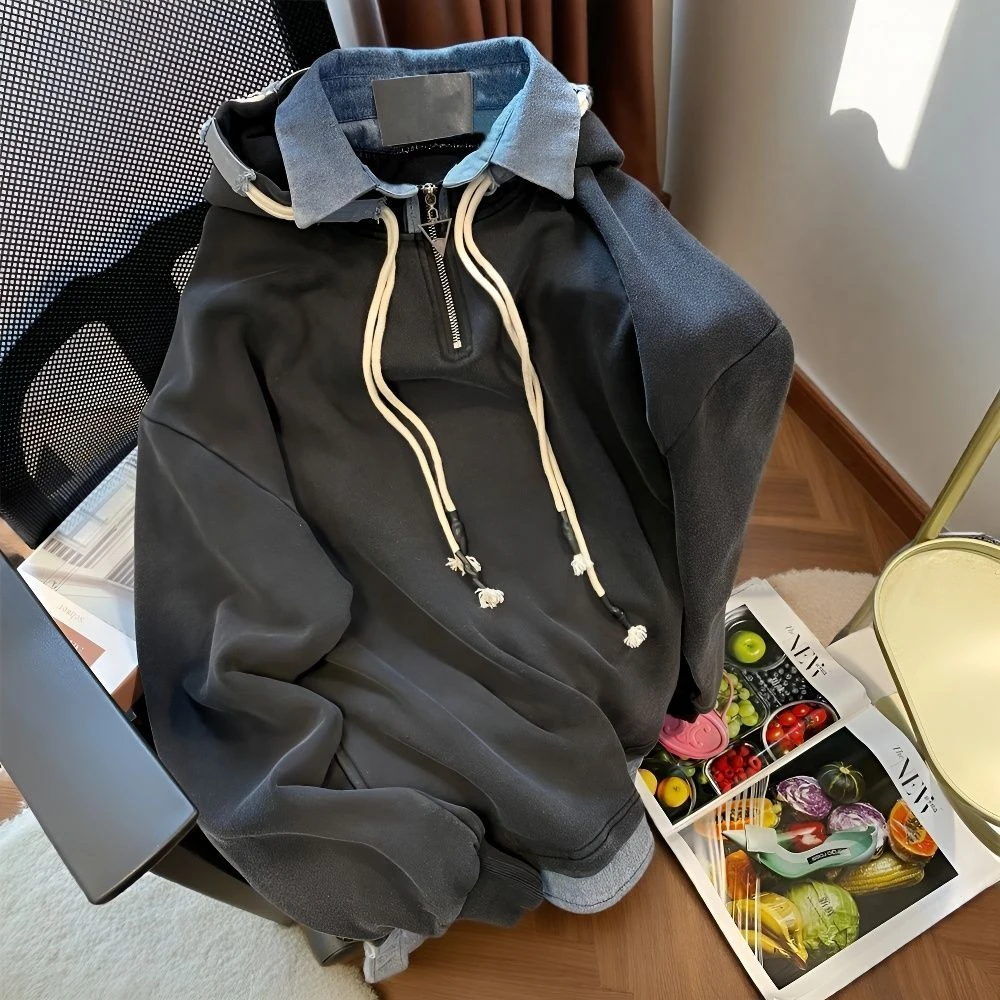 牛仔拼接半拉链连帽卫衣男女oversize大码潮流显瘦情侣学院风上衣