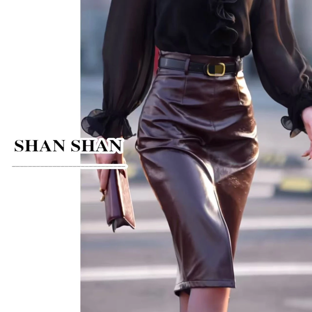 SS姗姗 秋季法式极简风时尚休闲直筒亮皮半身裙 50775242-514