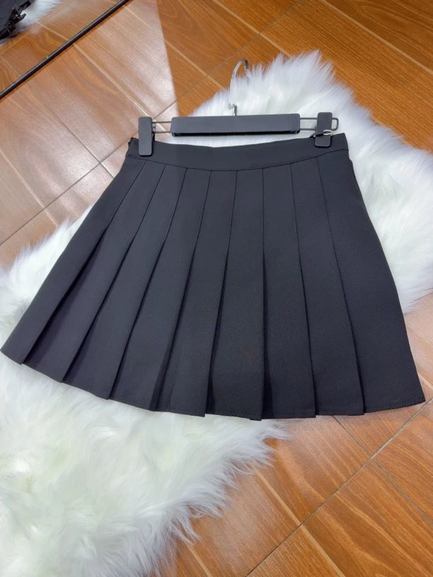 新款学院风洋气A字双色压褶弹力松紧腰百褶半身裙