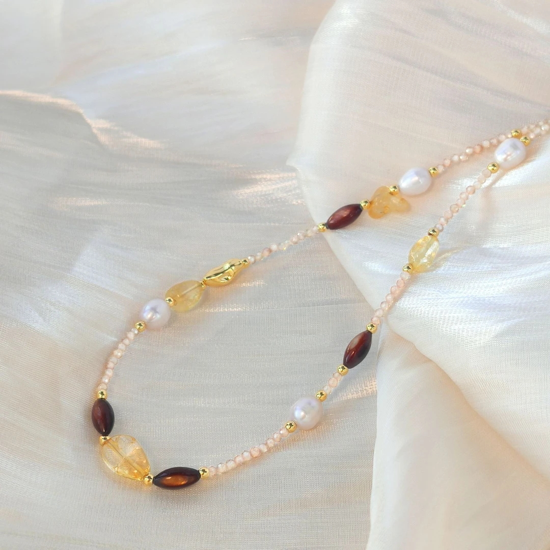 合金仿水晶项链 欧美风虎眼石黄水晶串淡水珠 镀k金轻奢锁骨链