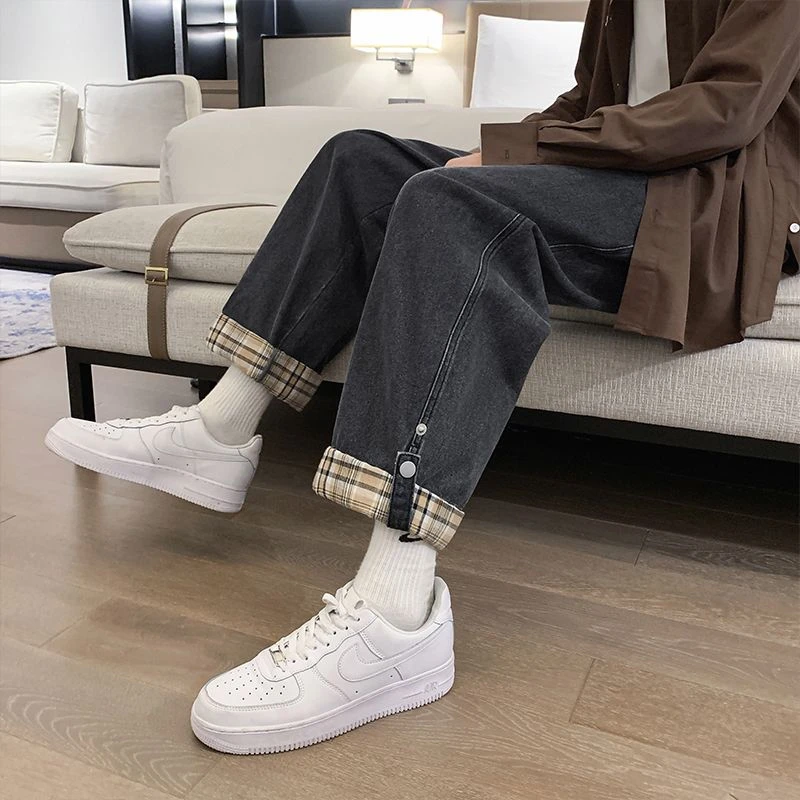 K307卷边牛仔裤男春秋高街潮牌情侣百搭直筒裤宽松痞帅休闲裤