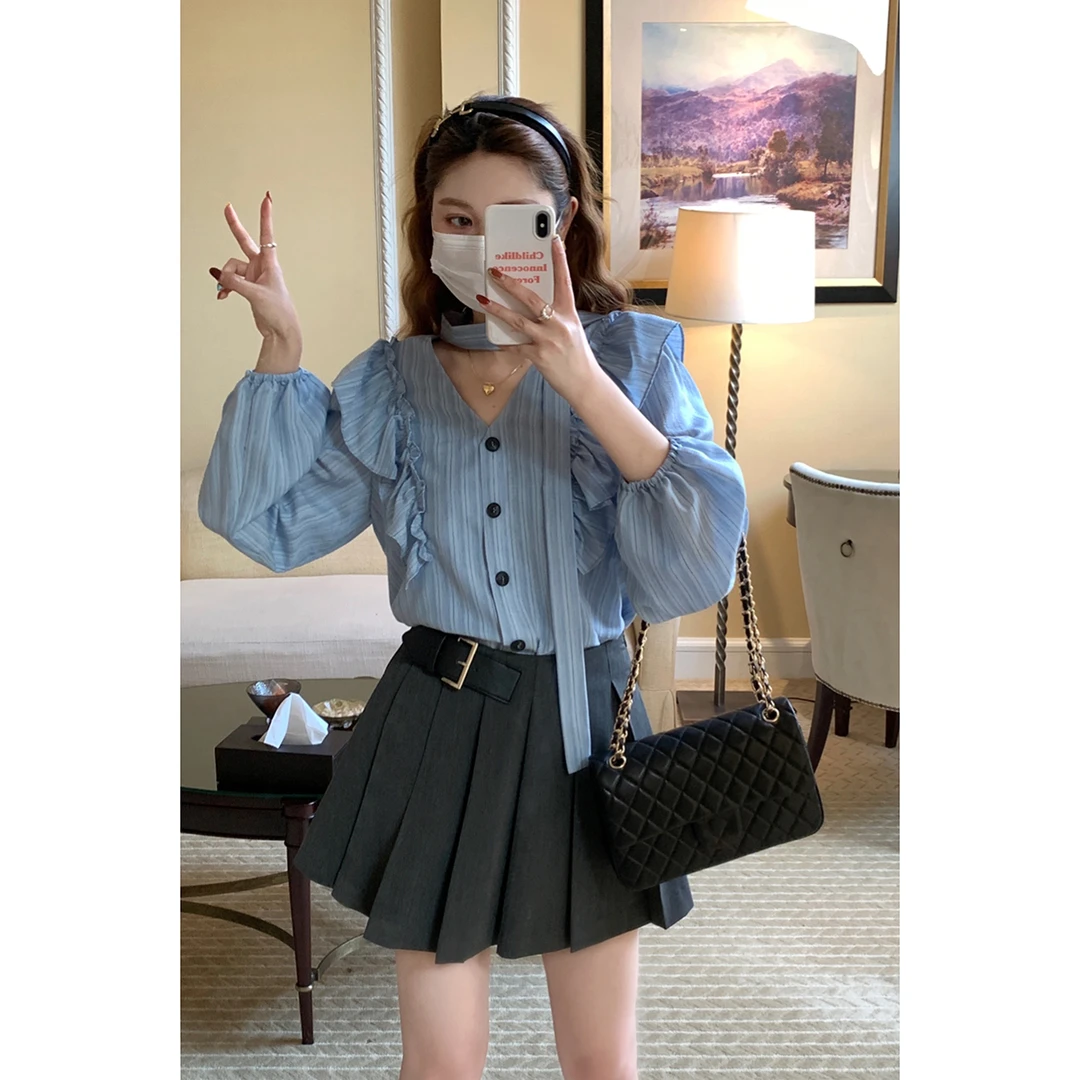 米花家【蓝蓝飘带】法式荷叶边系带v领长袖衬衫女早秋高级感衬衣