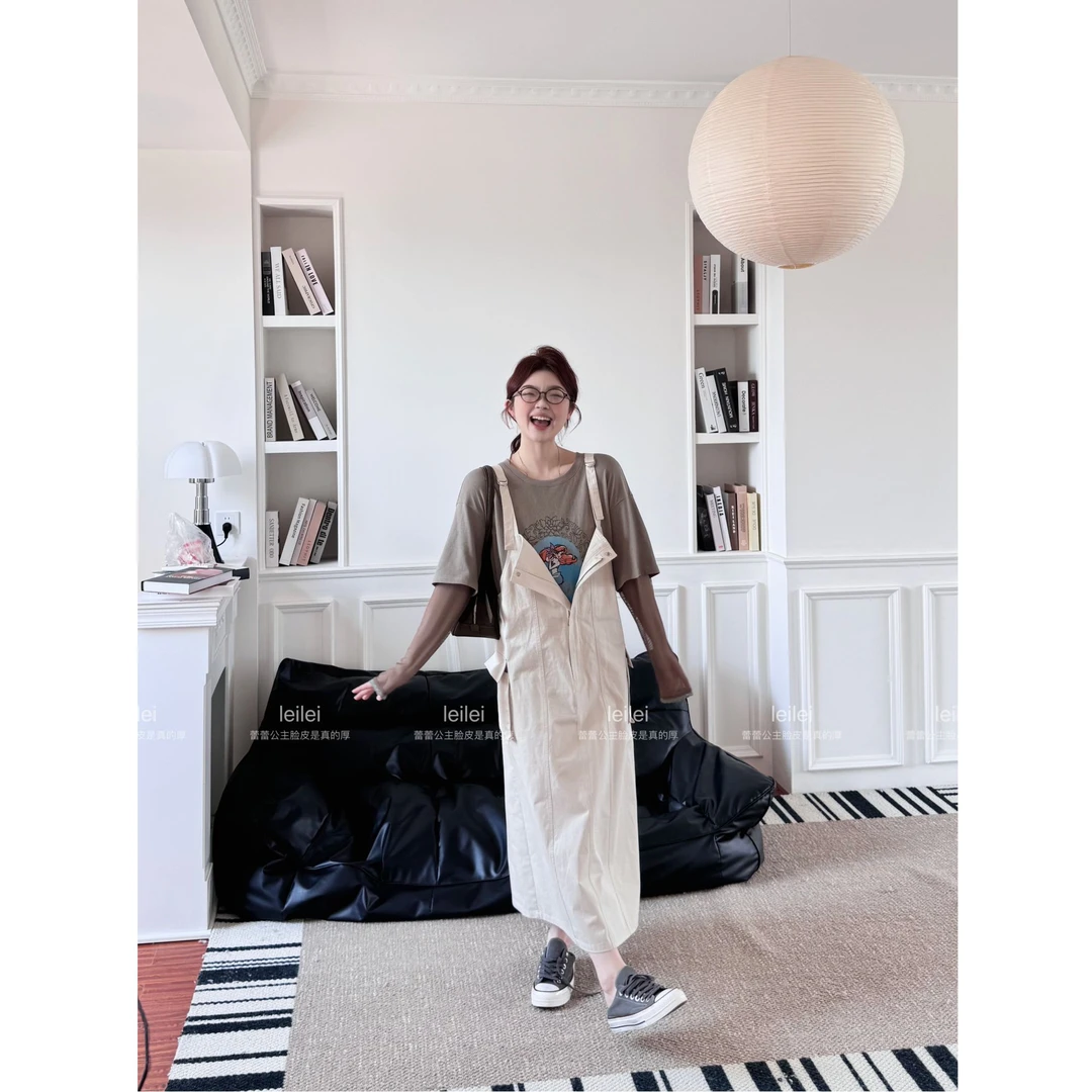 晶咕【旧街区故事】日系工装风侧边大口袋宽松背带裙