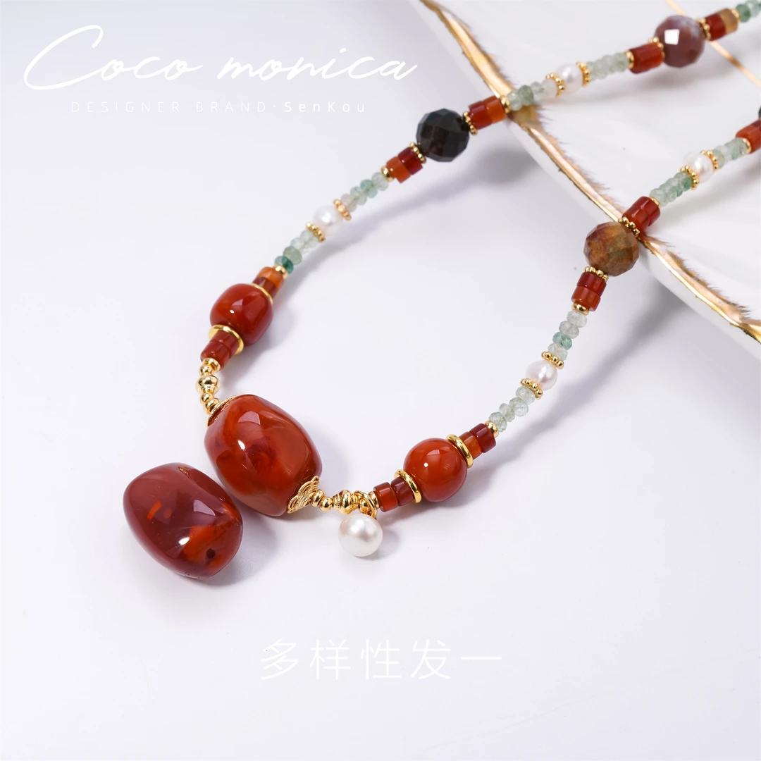 【小霞珠宝】南红火焰纹项链珍珠手工气质百搭复古编织雕刻 AE641