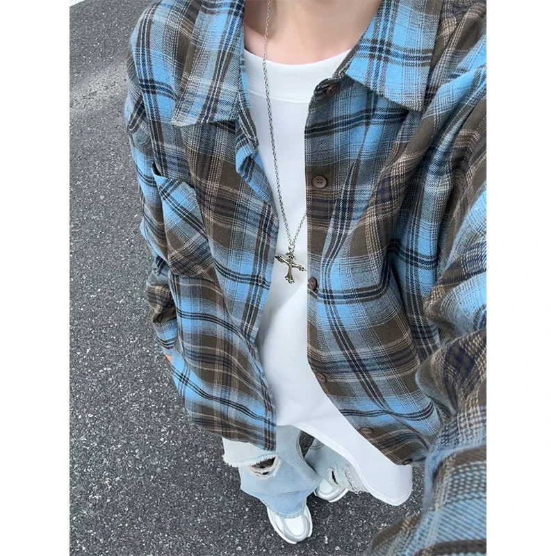 美式复古格子衬衫春夏衬衣2025新款韩系男女同款上衣薄款外套