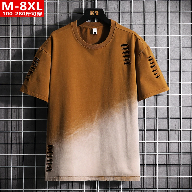 夏季港风男装渐变印花破洞圆领短袖T恤 胖大码加肥宽松休闲棉体恤