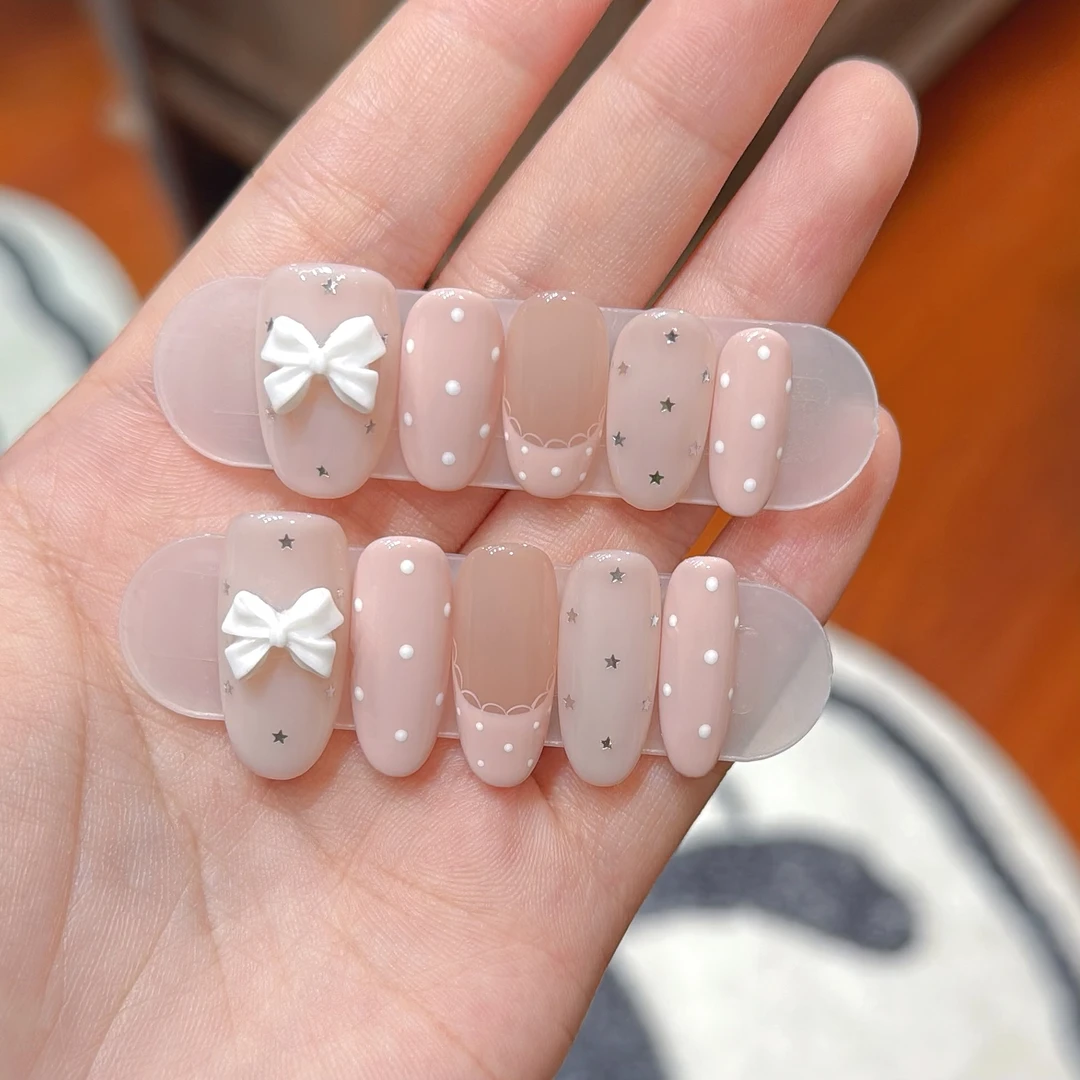 【星星点点】祝音定制手工穿戴甲蝴蝶结粉色蕾丝法式穿戴式美甲新款