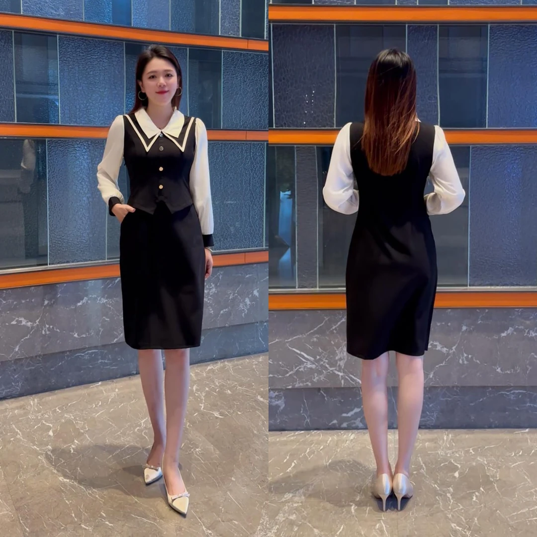 百花果【防褪色】2025秋季新款假两件拼接翻领长袖大码女装连衣裙