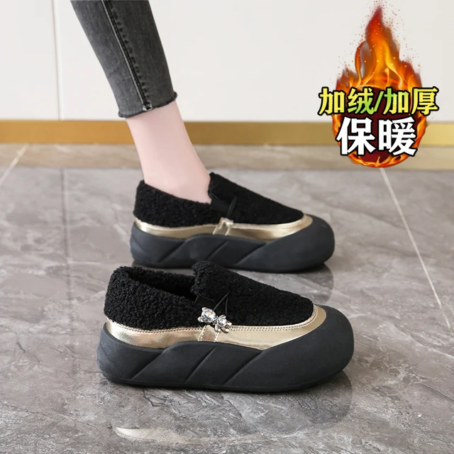 毛毛鞋女2024新款秋冬一脚蹬乐福鞋加绒保暖棉鞋厚软底孕妇豆豆鞋