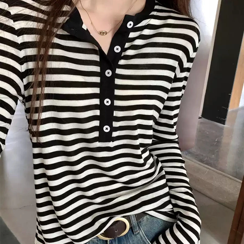黑白条纹长袖t恤女秋季新款美式宽松休闲时尚百搭内搭设计感上衣