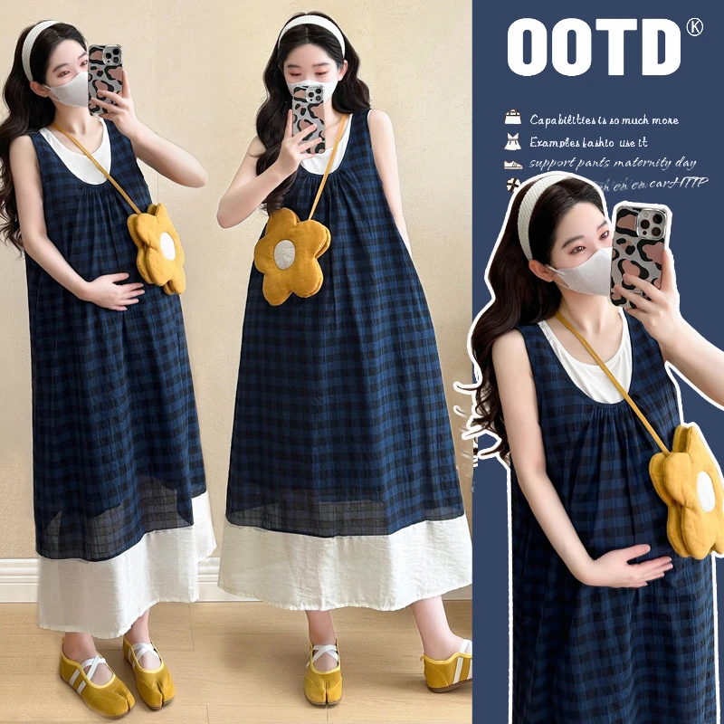 { 糕糕 }孕妇装2025夏季新品复古蓝色高级感气质吊带连衣裙两件套