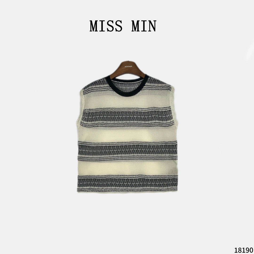 MISS MIN【织格】拼色条纹短袖上衣女款舒适条纹圆领针织衫18190