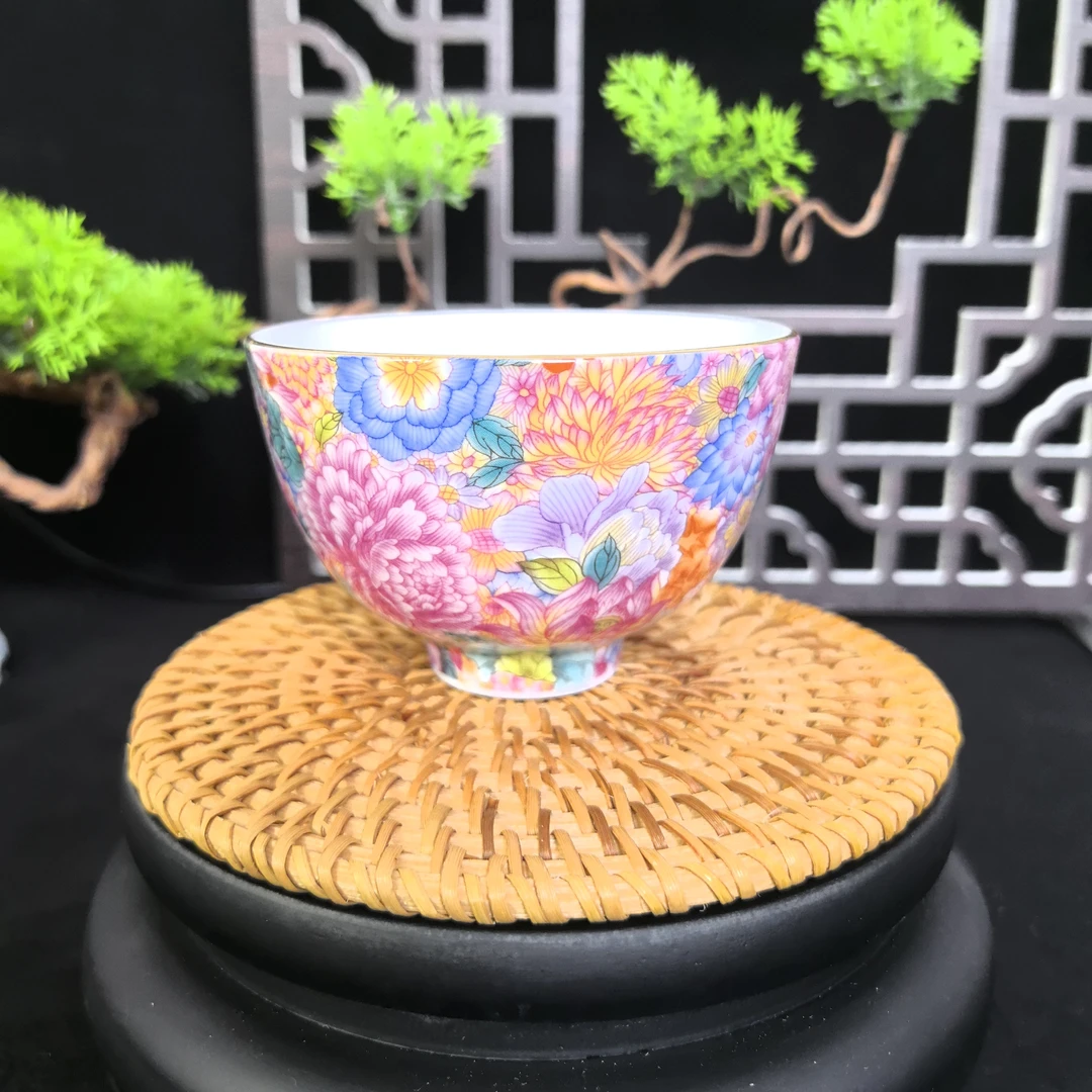 【景德镇陶瓷】珐琅彩 万花牡丹鸡心杯 容量120ml主人杯 泡茶品茗杯